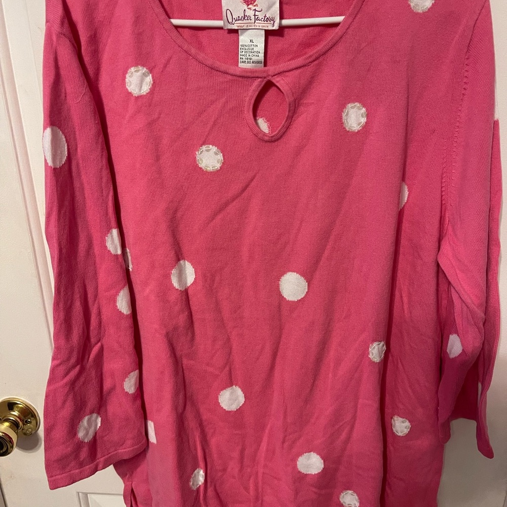 Quacker Factory Pink Long Sleeve Top with White Dots